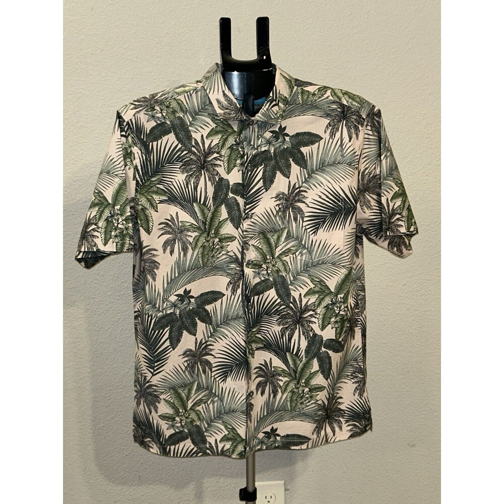 Tori Richard Hawaiian Shirt Mens Medium Cotton Lawn Peach Beige Palm Tree Aloha